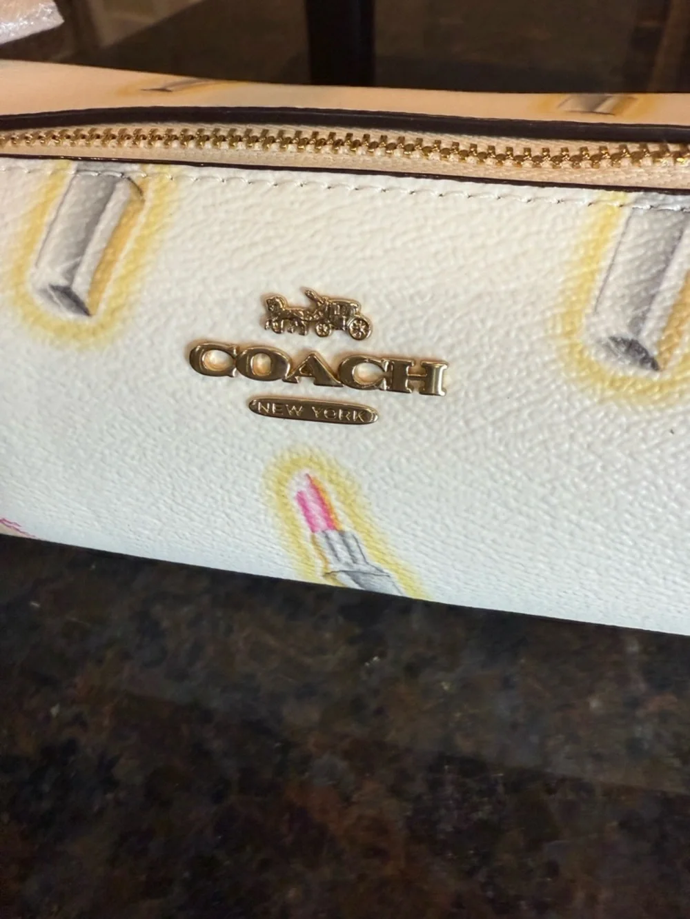 Coach Cream Make-up Bag with Pink Lipstick Motif